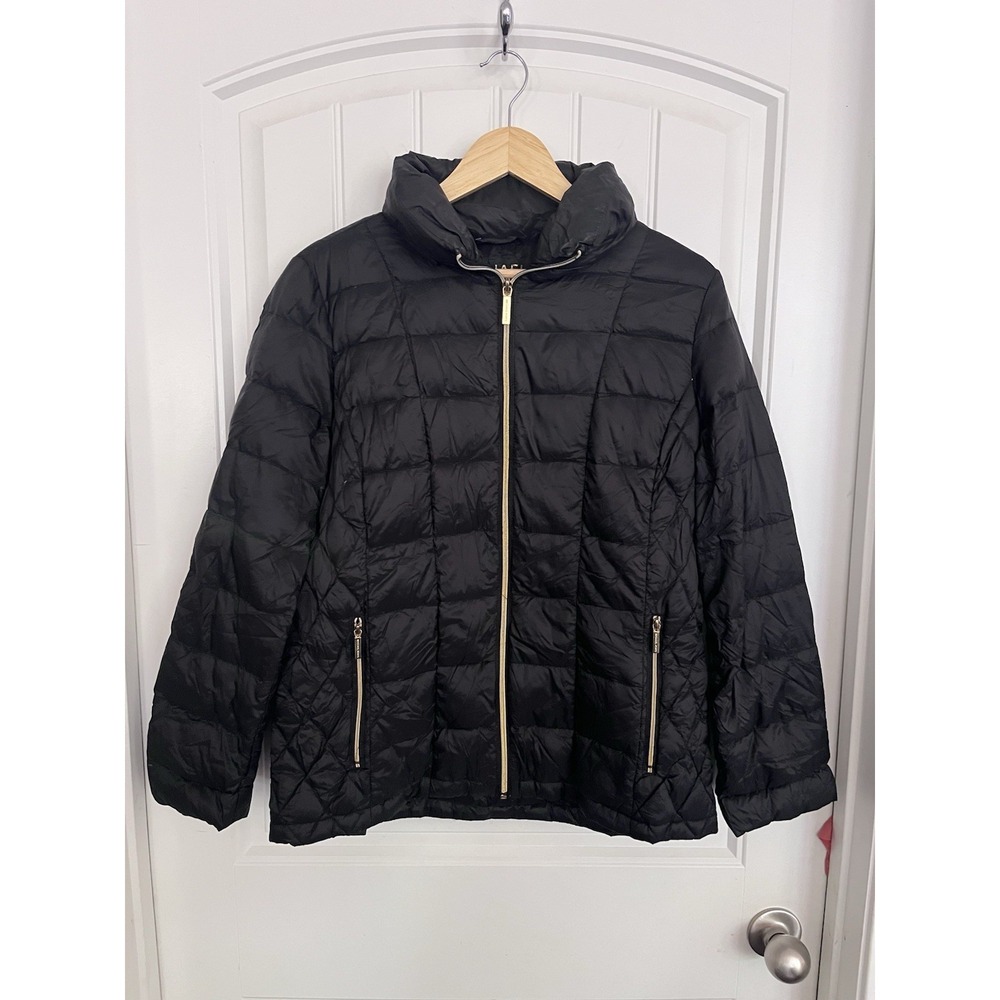 Michael Kors Packable Down Fill Puffer Jacket Women's L Black Zip Logo 498